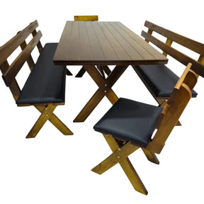 Conjunto Mesa Madeira Maciça Para Churrasco Imbuia + 4 Bancos Estofados Preto