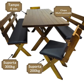 Conjunto Mesa Madeira Maciça Para Churrasco Imbuia + 4 Bancos Estofados Preto