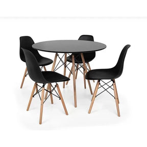 Conjunto Eames Eiffel Redonda, 90 cm, Tampo de Madeira Preto - 4 Cadeiras Pretas