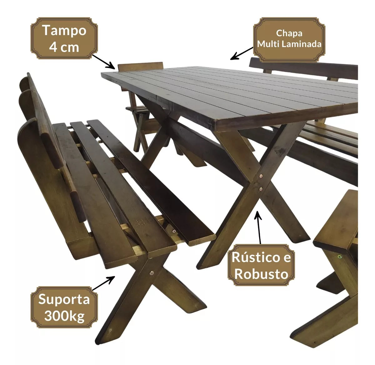 Conjunto Mesa Madeira Rústica Para Churrasco - Mesa + 4 Bancos Imbuia