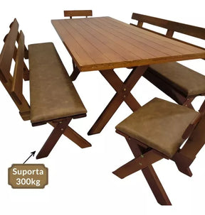 Conjunto Mesa Madeira Maciça Para Churrasco Mel + 4 Bancos Estofados Jambo