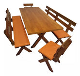 Conjunto Mesa Madeira Maciça Para Churrasco Mel + 4 Bancos Estofados Laranja