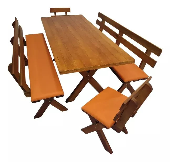 Conjunto Mesa Madeira Maciça Para Churrasco Mel + 4 Bancos Estofados Laranja