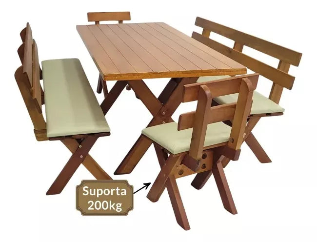 Conjunto Mesa Madeira Maciça Para Churrasco Mel + 4 Bancos Estofados Nude