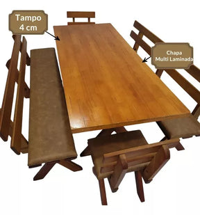 Conjunto Mesa Madeira Maciça Para Churrasco Mel + 4 Bancos Estofados Jambo