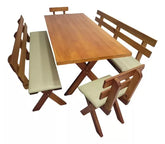 Conjunto Mesa Madeira Maciça Para Churrasco Mel + 4 Bancos Estofados Nude