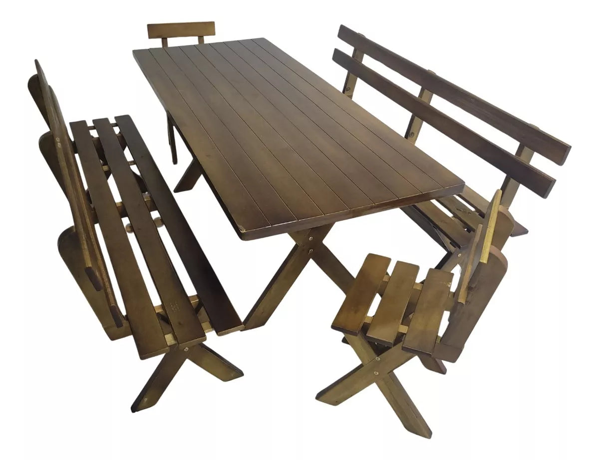 Conjunto Mesa Madeira Rústica Para Churrasco - Mesa + 4 Bancos Imbuia