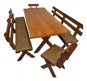 Conjunto Mesa Madeira Maciça Para Churrasco Mel + 4 Bancos Estofados Jambo